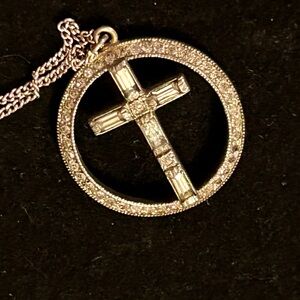 Vintage unisex Silver Baguette Crystal CROSS PENDANT 1/20 12K GF Necklace